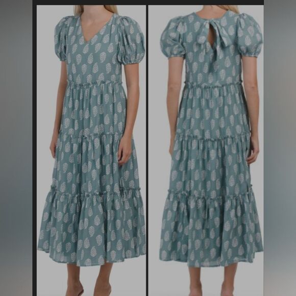 Lucky Brand Dresses & Skirts - Lucky brand short puff sleeve V neck Tiered Tie Back maxi dress size M